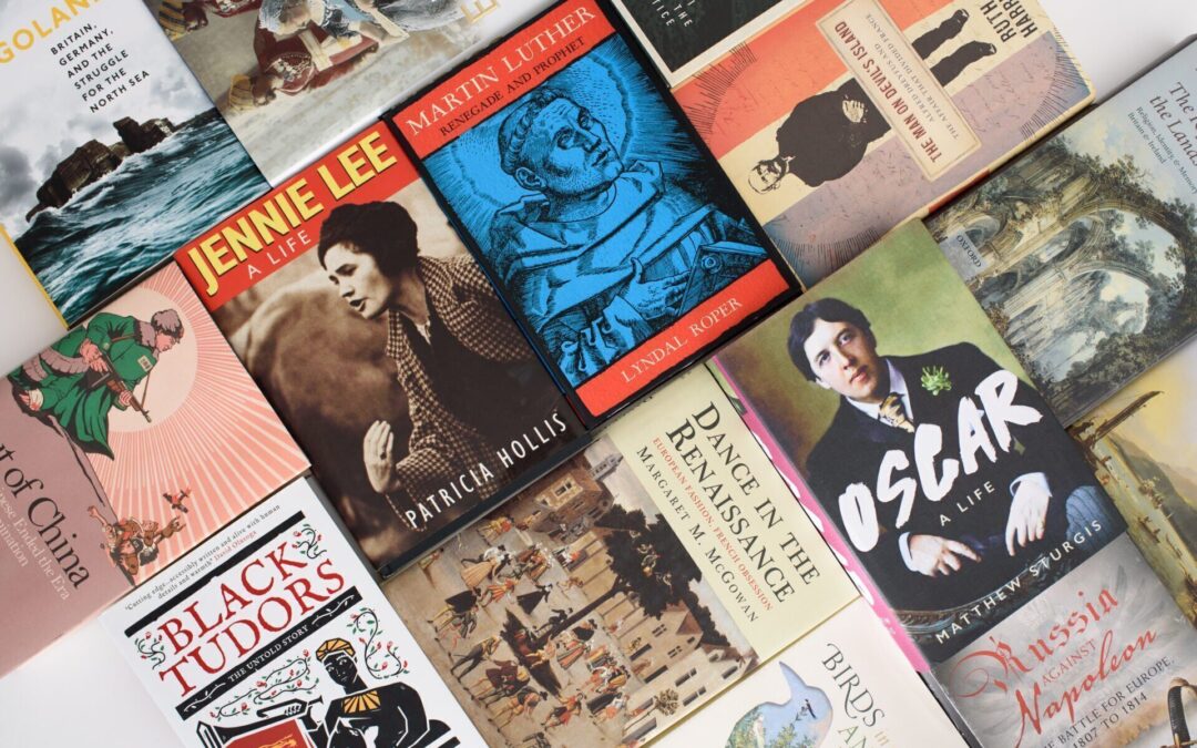 A collage of history book covers that have been shortlisted for, or have won, the Wolfson History Prize