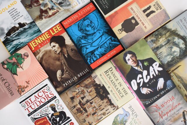 A collage of history book covers that have been shortlisted for, or have won, the Wolfson History Prize