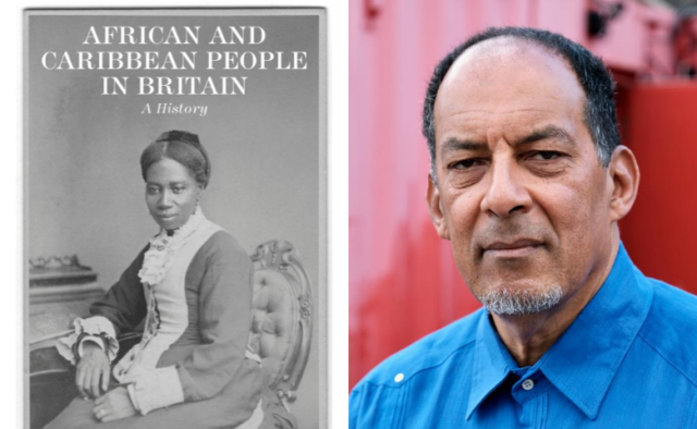 The image shows a book cover on the left, with a woman dressed in Victorian clothes sitting for a portrait. On the right, a man in a blue shirt.