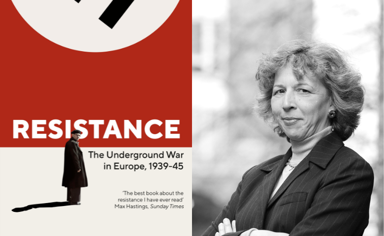 On the right, a red and white book cover titled 'Resistance' with a man pictured silhouetted against the background. On the right, a woman is shown looking directly at the camera.