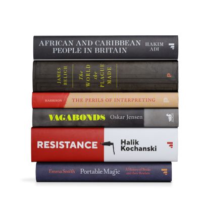 The six books shortlisted for the 2023 Wolfson History Prize (from top down - African and Caribbean People in Britain: A History by Hakim Adi; The World the Plague Made: The Black Death and the Rise of Europe by James Belich; The Perils of Interpreting: The Extraordinary Lives of Two Translators between Qing China and the British Empire by Henrietta Harrison;Resistance: The Underground War in Europe 1939-1945 by Halik Kochanski; Vagabonds: Life on the Streets of Nineteenth Century London by Oskar Jensen; Portable Magic: A History of Books and their Readers by Emma Smith) The six books shortlisted for the 2023 Wolfson History Prize (from top down - African and Caribbean People in Britain: A History by Hakim Adi; The World the Plague Made: The Black Death and the Rise of Europe by James Belich; The Perils of Interpreting: The Extraordinary Lives of Two Translators between Qing China and the British Empire by Henrietta Harrison;Resistance: The Underground War in Europe 1939-1945 by Halik Kochanski; Vagabonds: Life on the Streets of Nineteenth Century London by Oskar Jensen; Portable Magic: A History of Books and their Readers by Emma Smith)