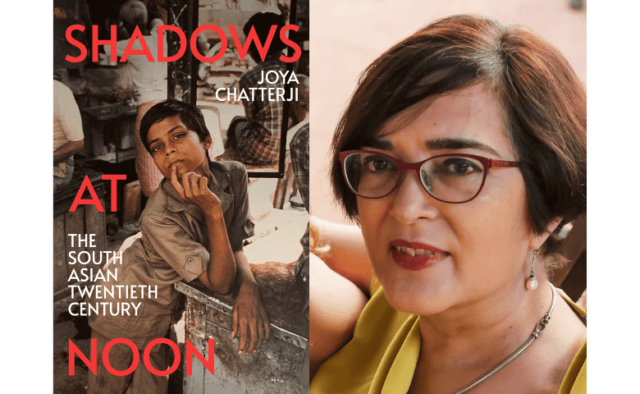 On the left is a book cover for 'Shadows at Noon'. On the right is a portrait of the author Joya Chatterji.